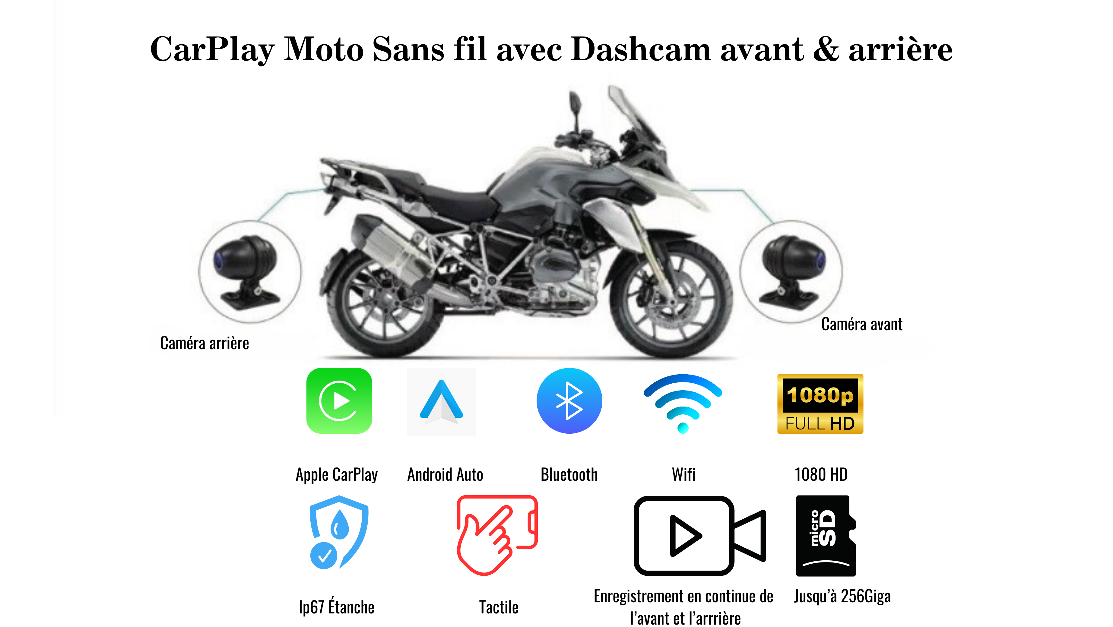 CarPlay Moto Avec Dashcam Avant & Arrière + Adaptateur universel Quad Lock®
